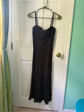 Little Puffy Black Polka-Style Midi Slip Dress with Sweetheart Neckline Sz Small